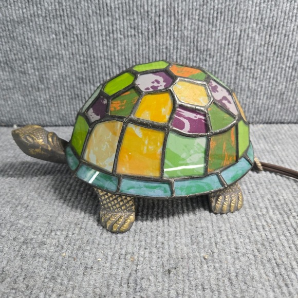 The Unbranded Brand Other - Vintage Tiffany Style Stained Glass Turtle Table Lamp Brass 8" Multicolor